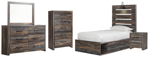 Drystan Twin Panel Bed with 4 Storage Drawers with Mirrored Dresser, Chest and Nightstand Factory Furniture Mattress & More - Online or In-Store at our Phillipsburg Location Serving Dayton, Eaton, and Greenville. Shop Now.
