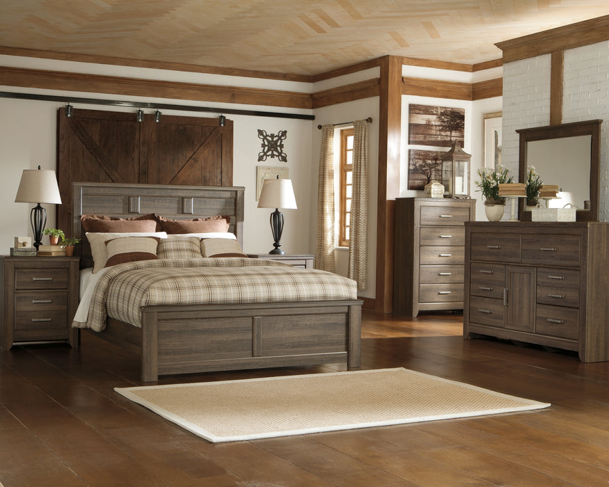 Juararo Queen Panel Bed with Mirrored Dresser, Chest and Nightstand Factory Furniture Mattress & More - Online or In-Store at our Phillipsburg Location Serving Dayton, Eaton, and Greenville. Shop Now.