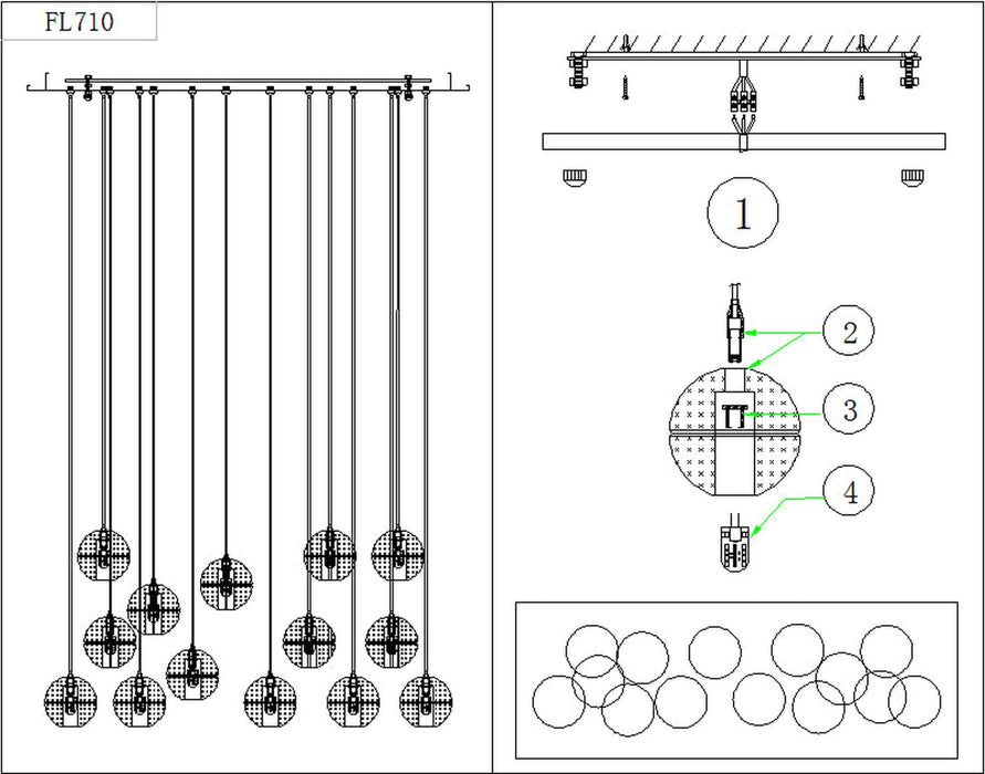 14 light Crystal Spheres Chandelier  // Rectangular Chrome Canopy