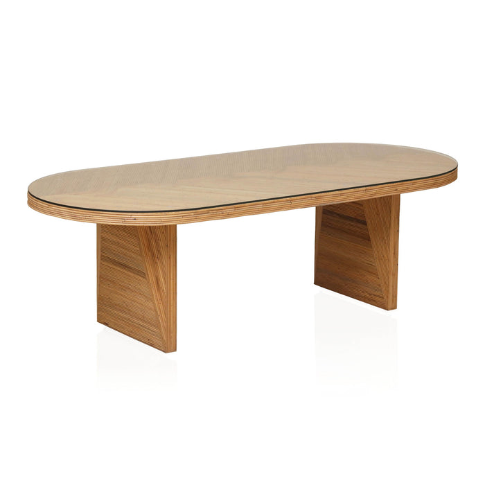 Caren Natural Rattan and Glass Oval Dining Table