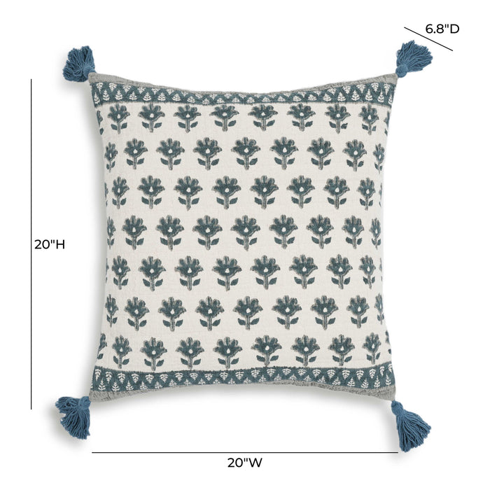 Blossom - 20" Printed Cotton Tassel Accent Cushion - Blue