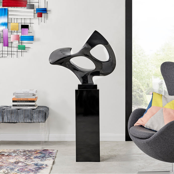 Black Abstract Mask Floor Sculpture With Black Stand, 54" Tall