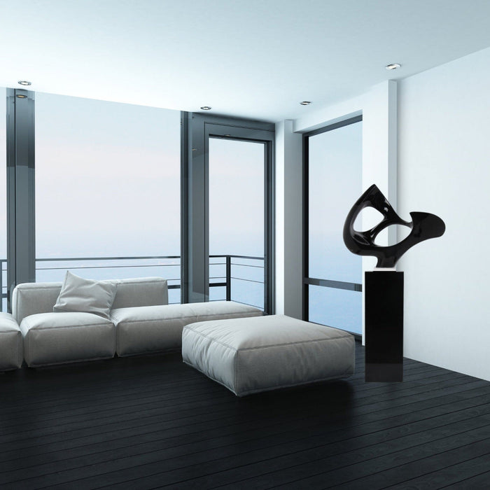 Black Abstract Mask Floor Sculpture With Black Stand, 54" Tall