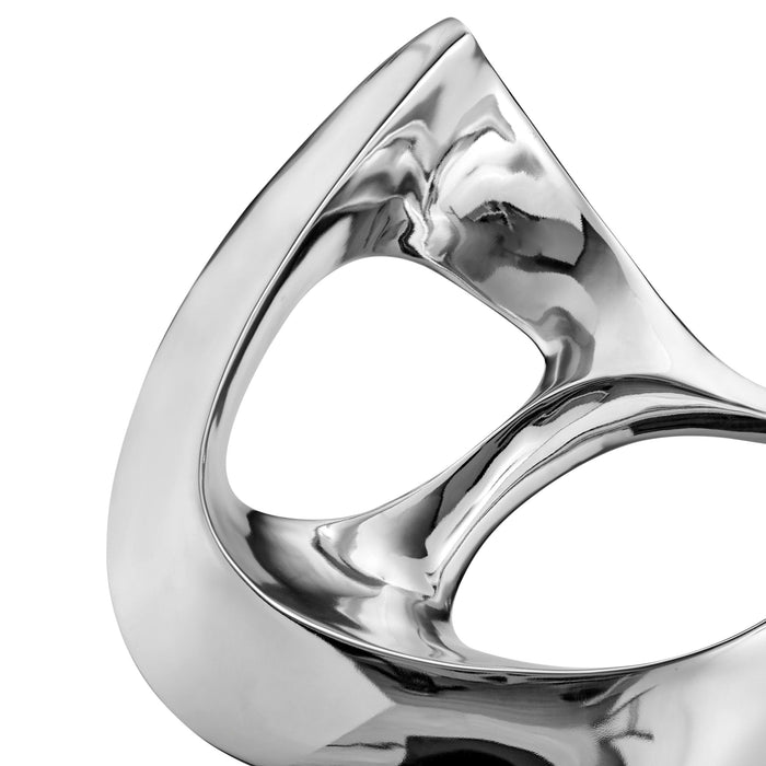 Chrome Abstract Mask Floor Sculpture With Black Stand, 54" Tall