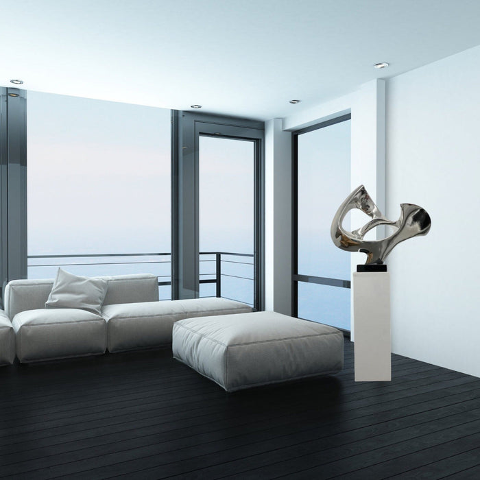 Chrome Abstract Mask Floor Sculpture With White Stand, 54" Tall