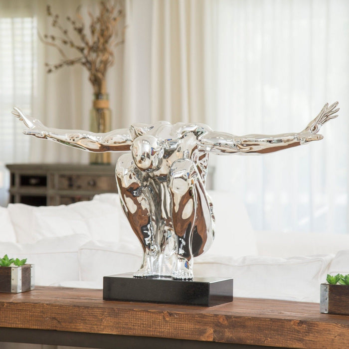 Large Saluting Man Resin Sculpture 37" Wide x 19" Tall // Chrome