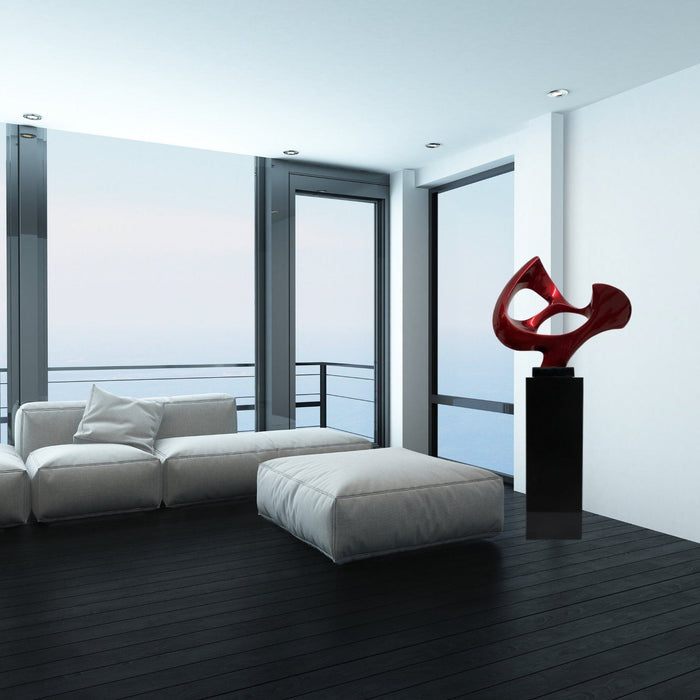 Metallic Red Abstract Mask Floor Sculpture With Black Stand, 54" Tall