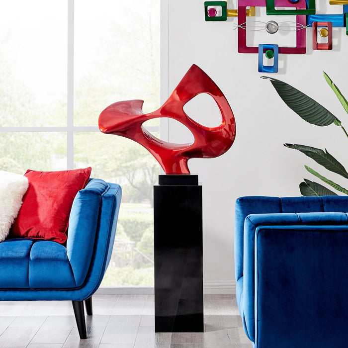 Metallic Red Abstract Mask Floor Sculpture With Black Stand, 54" Tall