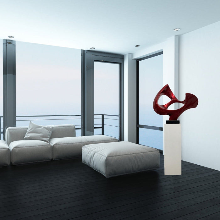 Metallic Red Abstract Mask Floor Sculpture With White Stand, 54" Tall