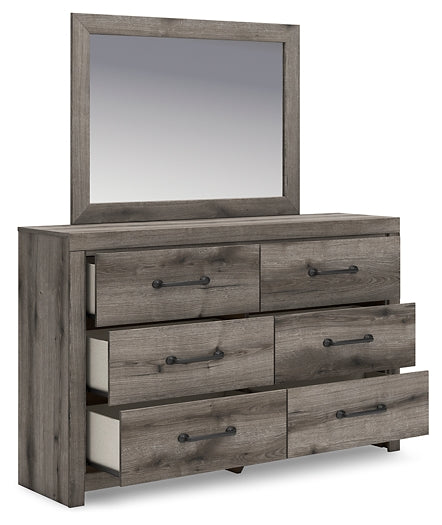 Graystorm King Panel Bed with Mirrored Dresser and Nightstand