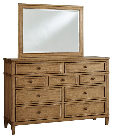 Sharlance California King Upholstered Panel Bed, Dresser, Mirror, Chest and Nightstand