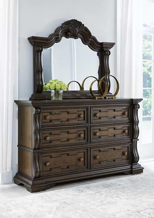 Maylee Queen Upholstered Bed, Dresser, Mirror, Chest and Nightstand