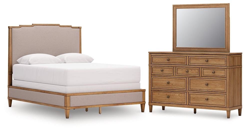 Sharlance Queen Upholstered Panel Bed, Dresser and Mirror