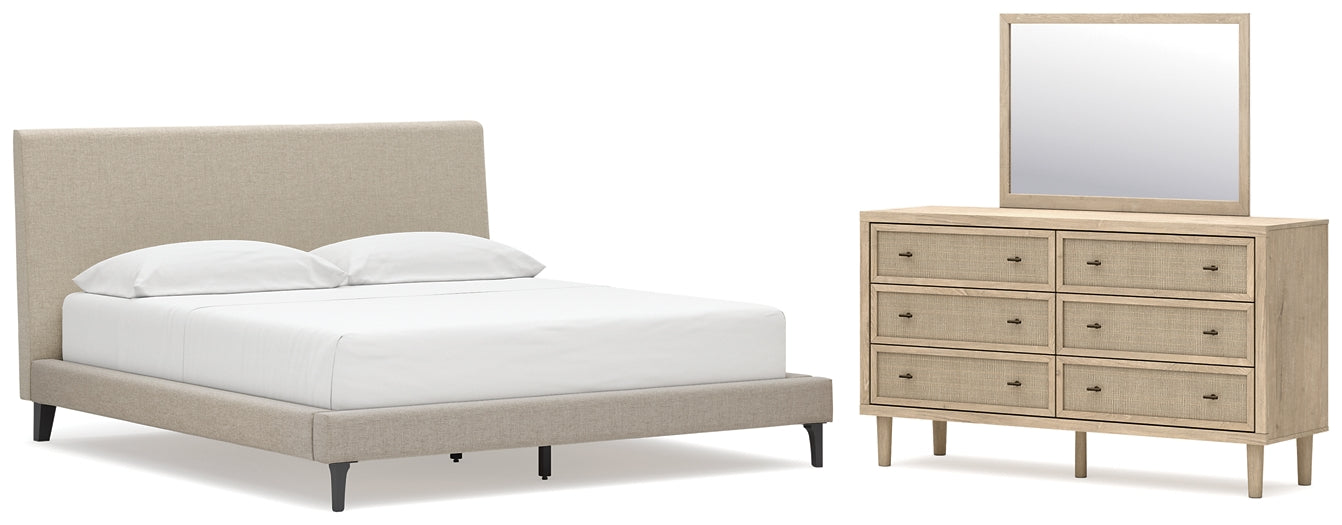 Cielden California King Upholstered Bed with Roll Slats, Dresser and Mirror
