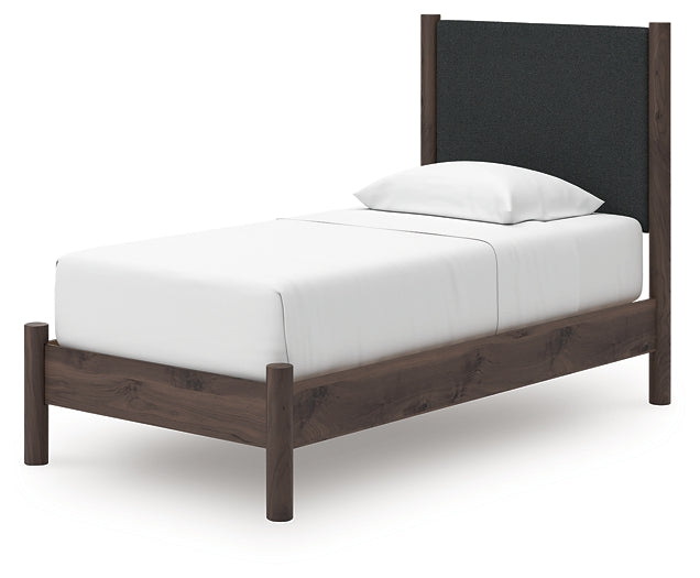 Pamytta Twin Upholstered Panel Platform Bed, Dresser and Mirror