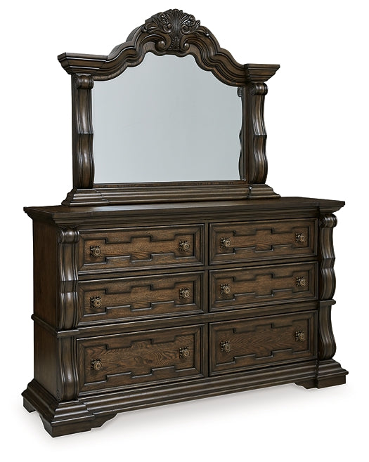 Maylee California King Canopy Bed, Dresser, Mirror, Chest and Nightstand
