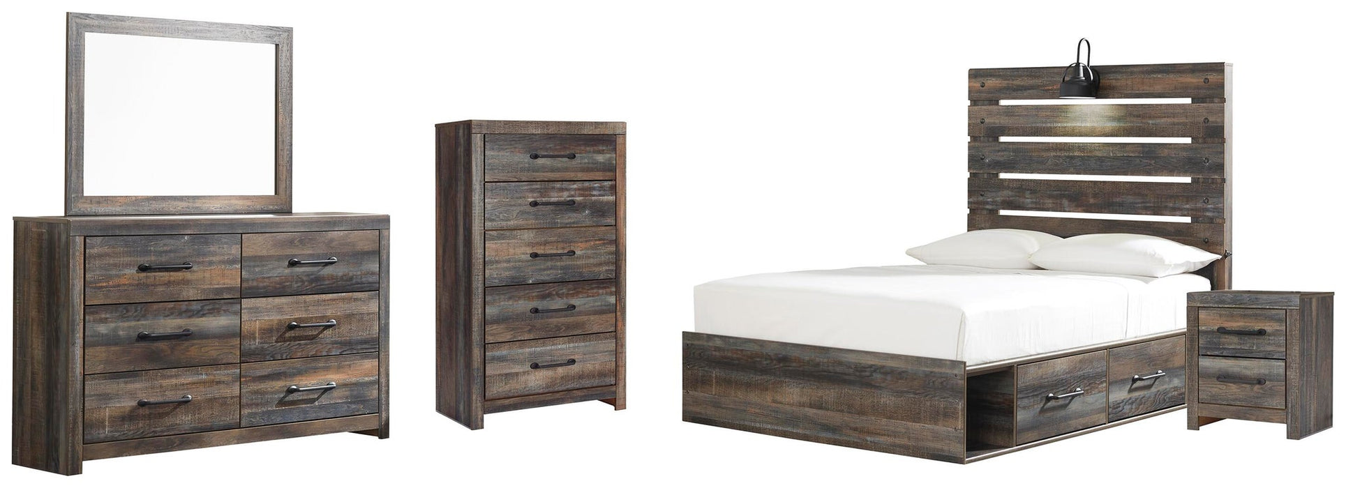 Drystan Full Panel Bed with 4 Storage Drawers, Dresser, Mirror, Chest and Nightstand