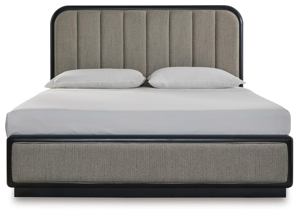 Rowanbeck California King Upholstered Panel Bed, Dresser, Mirror, Chest and Nightstand