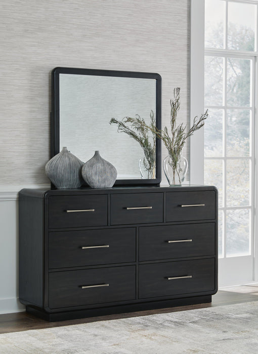 Rowanbeck California King Upholstered Panel Bed, Dresser, Mirror, Chest and Nightstand