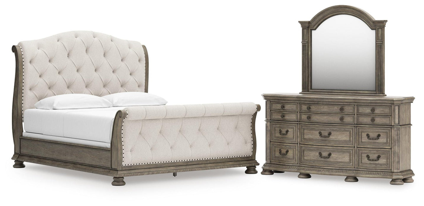 Ardenfield California King Upholstered Sleigh Bed, Dresser and Mirror