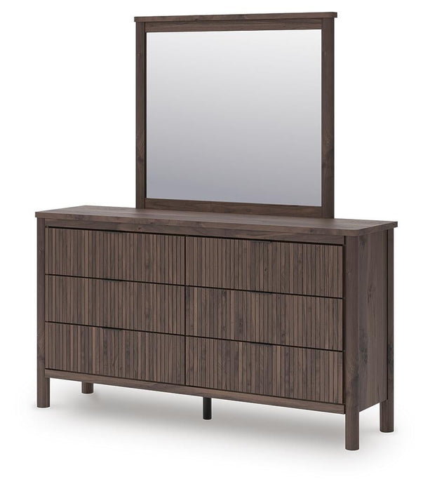 Pamytta King Upholstered Panel Platform Bed, Dresser and Mirror