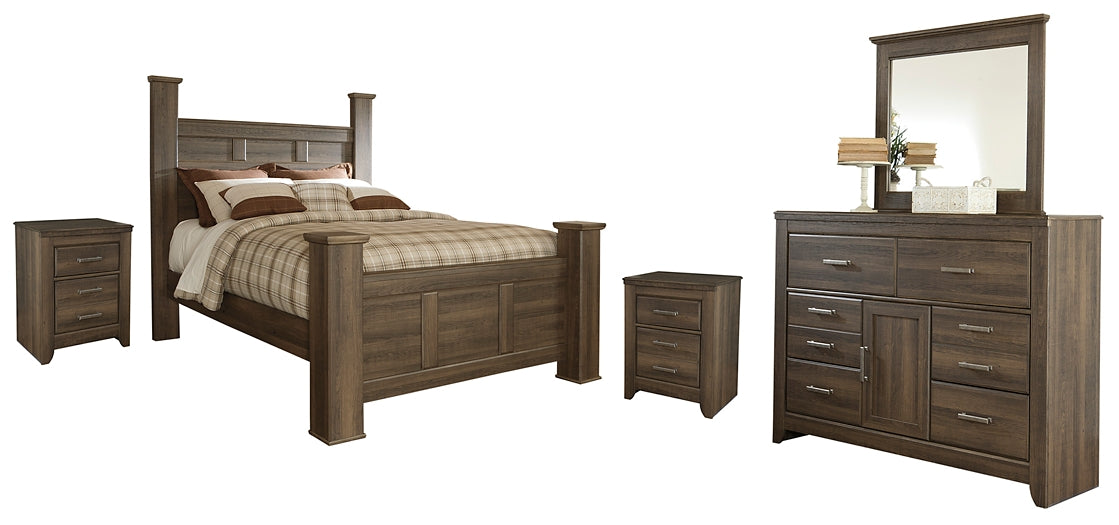 Juararo Queen Poster Bed with Mirrored Dresser and 2 Nightstands Factory Furniture Mattress & More - Online or In-Store at our Phillipsburg Location Serving Dayton, Eaton, and Greenville. Shop Now.