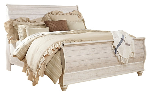 Willowton Queen Sleigh Bed with Mirrored Dresser, Chest and Nightstand Factory Furniture Mattress & More - Online or In-Store at our Phillipsburg Location Serving Dayton, Eaton, and Greenville. Shop Now.