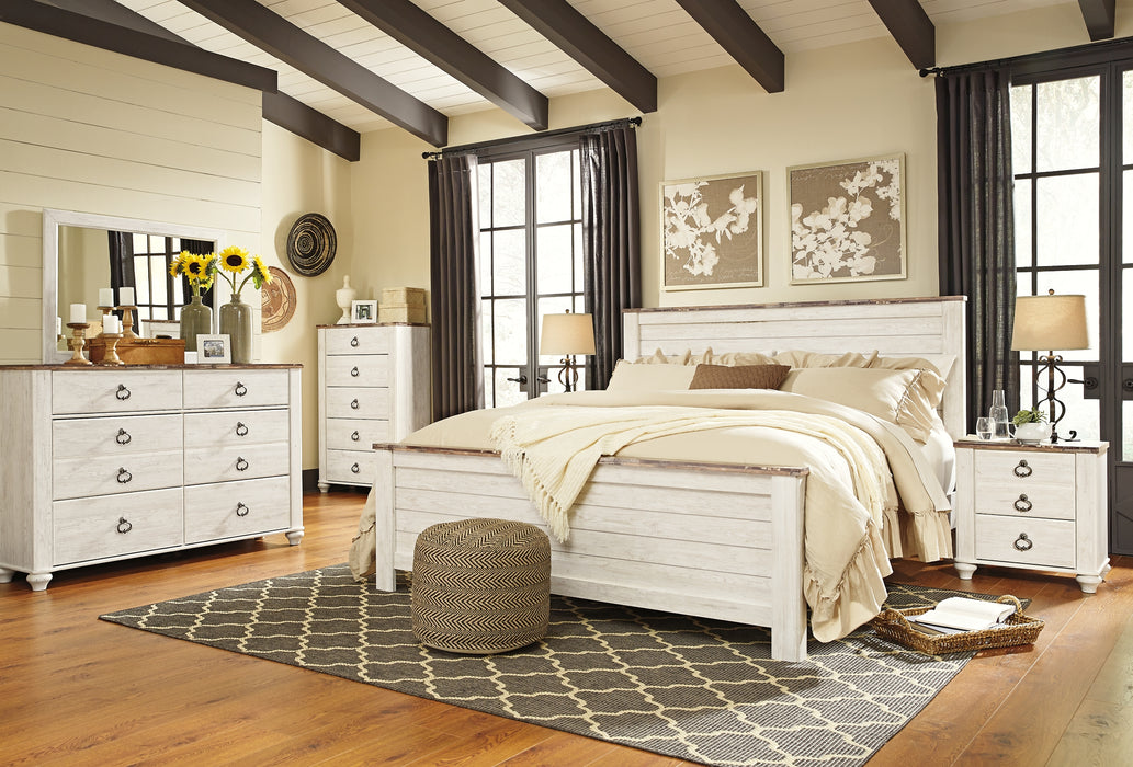 Willowton Queen Panel Bed with Mirrored Dresser, Chest and Nightstand Factory Furniture Mattress & More - Online or In-Store at our Phillipsburg Location Serving Dayton, Eaton, and Greenville. Shop Now.