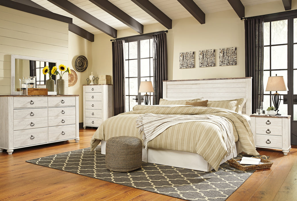 Willowton Queen/Full Panel Headboard with Mirrored Dresser, Chest and Nightstand Factory Furniture Mattress & More - Online or In-Store at our Phillipsburg Location Serving Dayton, Eaton, and Greenville. Shop Now.
