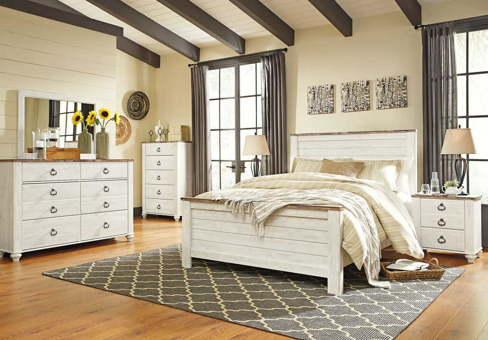 Willowton Queen Panel Bed with Mirrored Dresser, Chest and Nightstand Factory Furniture Mattress & More - Online or In-Store at our Phillipsburg Location Serving Dayton, Eaton, and Greenville. Shop Now.