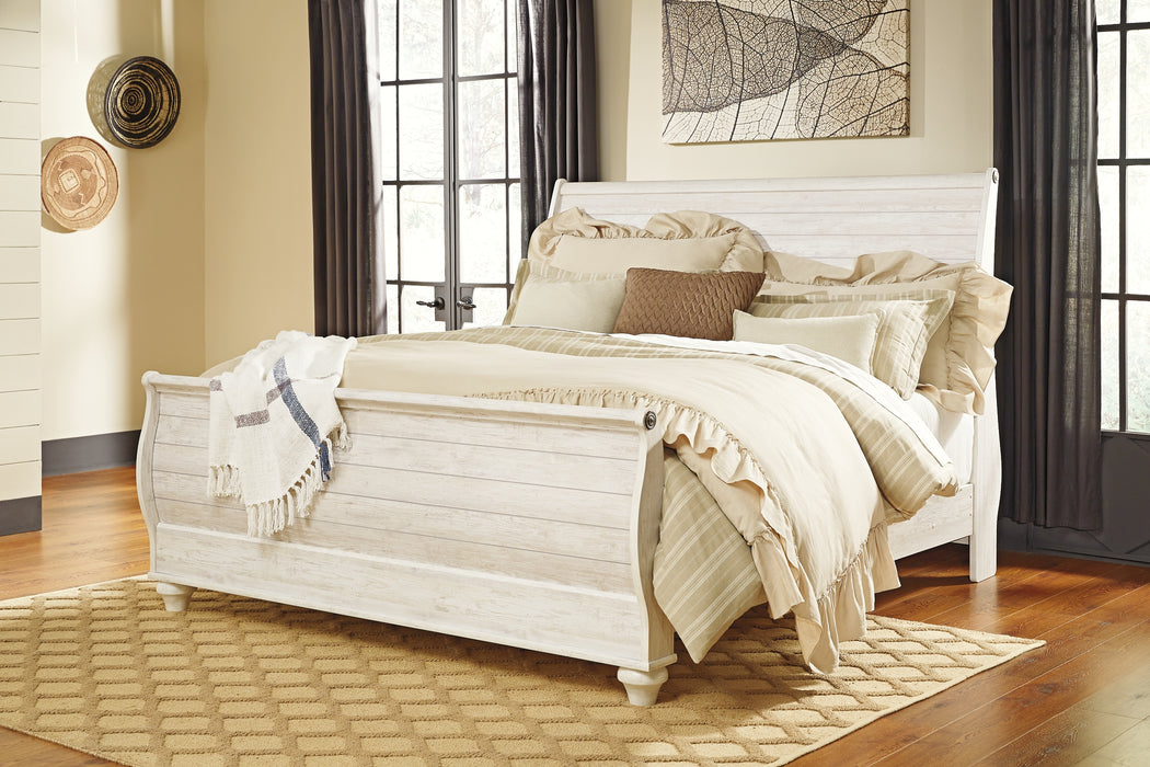 Willowton Queen Sleigh Bed with Mirrored Dresser, Chest and 2 Nightstands Factory Furniture Mattress & More - Online or In-Store at our Phillipsburg Location Serving Dayton, Eaton, and Greenville. Shop Now.