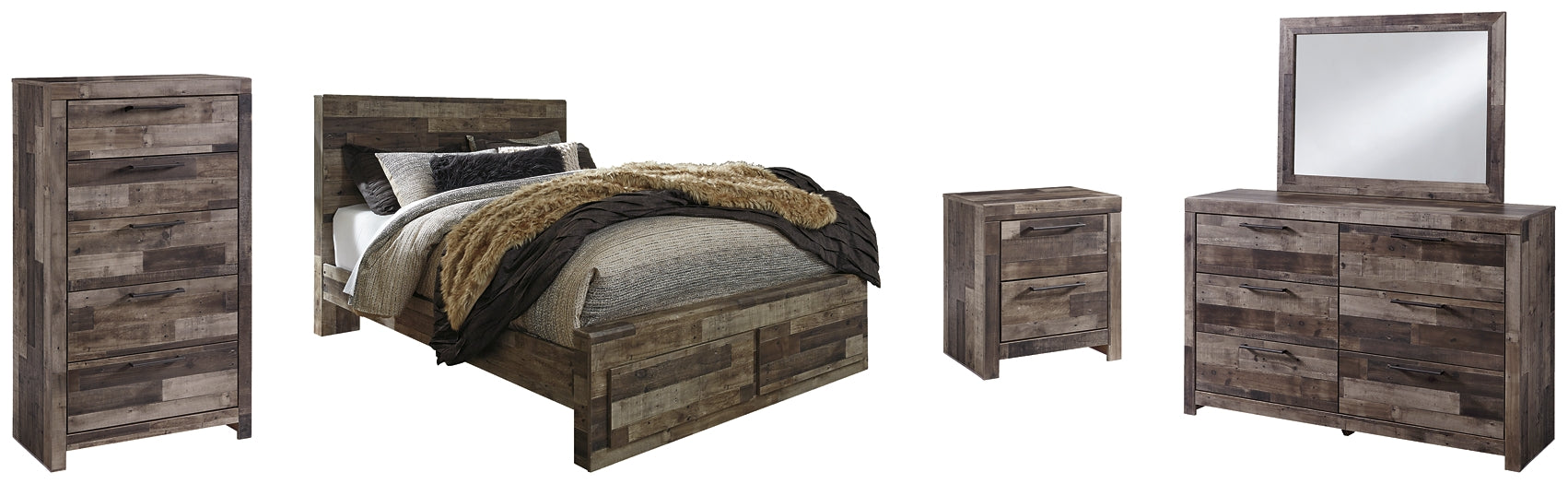 Derekson Queen Panel Bed with 2 Storage Drawers with Mirrored Dresser, Chest and Nightstand Factory Furniture Mattress & More - Online or In-Store at our Phillipsburg Location Serving Dayton, Eaton, and Greenville. Shop Now.