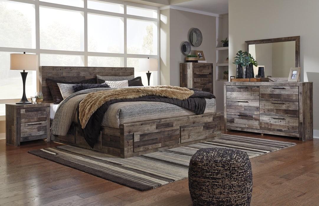 Derekson King Panel Bed with 4 Storage Drawers with Mirrored Dresser, Chest and Nightstand Factory Furniture Mattress & More - Online or In-Store at our Phillipsburg Location Serving Dayton, Eaton, and Greenville. Shop Now.