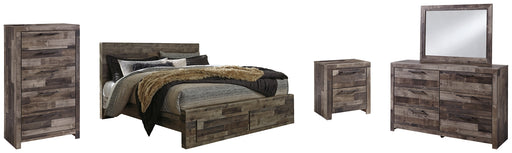Derekson King Panel Bed with 2 Storage Drawers with Mirrored Dresser, Chest and Nightstand Factory Furniture Mattress & More - Online or In-Store at our Phillipsburg Location Serving Dayton, Eaton, and Greenville. Shop Now.