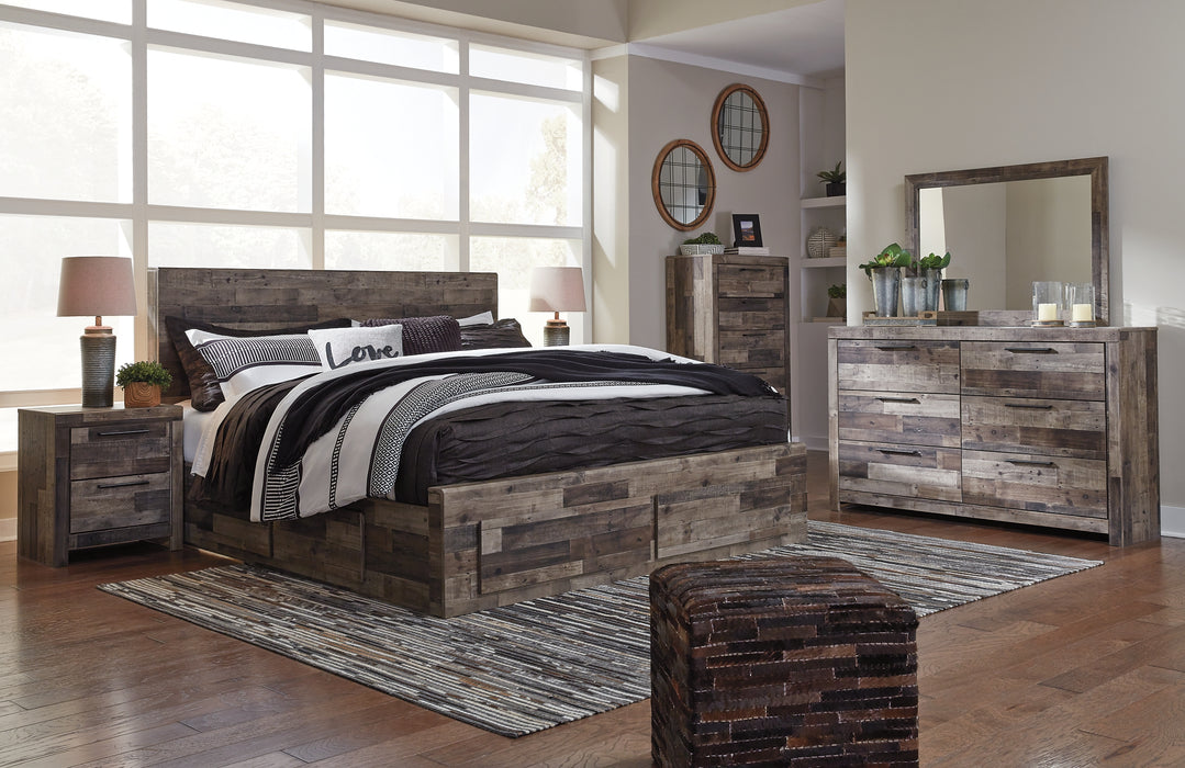 Derekson King Panel Bed with 4 Storage Drawers with Mirrored Dresser, Chest and Nightstand Factory Furniture Mattress & More - Online or In-Store at our Phillipsburg Location Serving Dayton, Eaton, and Greenville. Shop Now.