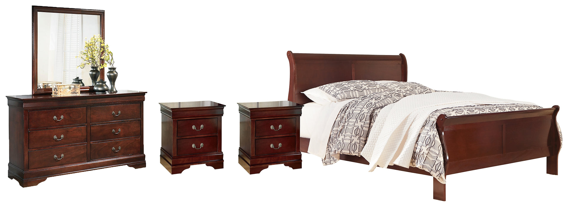 Alisdair California King Sleigh Bed with Mirrored Dresser and 2 Nightstands Factory Furniture Mattress & More - Online or In-Store at our Phillipsburg Location Serving Dayton, Eaton, and Greenville. Shop Now.