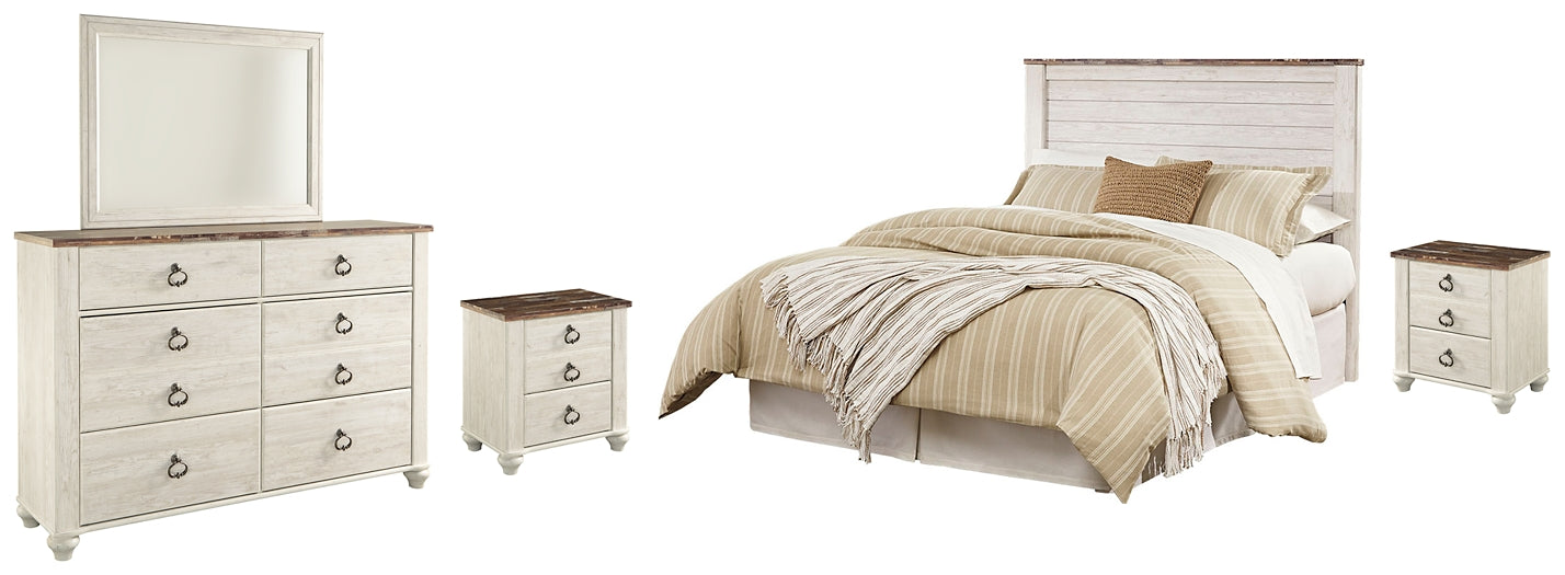 Willowton Queen/Full Panel Headboard with Mirrored Dresser and 2 Nightstands Factory Furniture Mattress & More - Online or In-Store at our Phillipsburg Location Serving Dayton, Eaton, and Greenville. Shop Now.