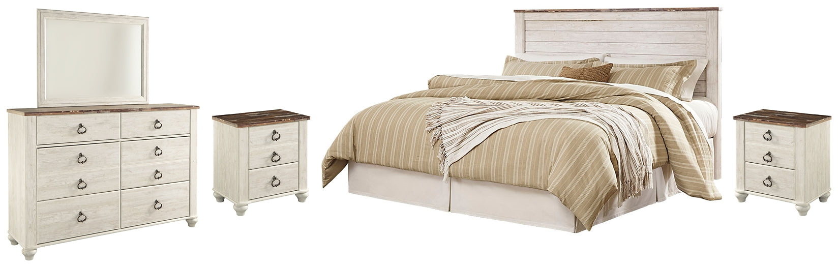 Willowton Queen/Full Panel Headboard with Mirrored Dresser and 2 Nightstands Factory Furniture Mattress & More - Online or In-Store at our Phillipsburg Location Serving Dayton, Eaton, and Greenville. Shop Now.
