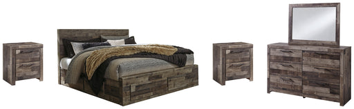 Derekson King Panel Bed with 4 Storage Drawers with Mirrored Dresser and 2 Nightstands Factory Furniture Mattress & More - Online or In-Store at our Phillipsburg Location Serving Dayton, Eaton, and Greenville. Shop Now.
