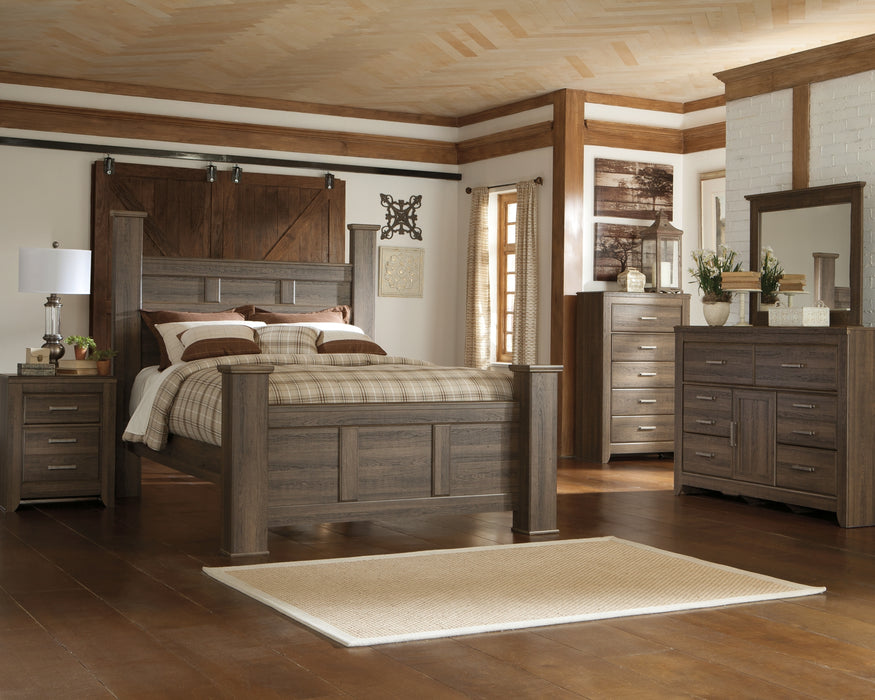 Juararo Queen Poster Bed with Mirrored Dresser, Chest and Nightstand Factory Furniture Mattress & More - Online or In-Store at our Phillipsburg Location Serving Dayton, Eaton, and Greenville. Shop Now.