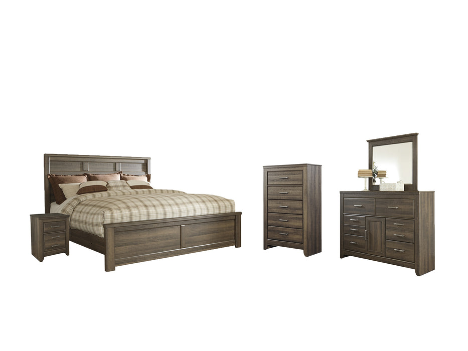 Juararo California King Panel Bed with Mirrored Dresser, Chest and Nightstand Factory Furniture Mattress & More - Online or In-Store at our Phillipsburg Location Serving Dayton, Eaton, and Greenville. Shop Now.