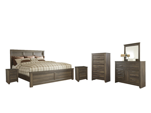 Juararo California King Panel Bed with Mirrored Dresser, Chest and 2 Nightstands Factory Furniture Mattress & More - Online or In-Store at our Phillipsburg Location Serving Dayton, Eaton, and Greenville. Shop Now.