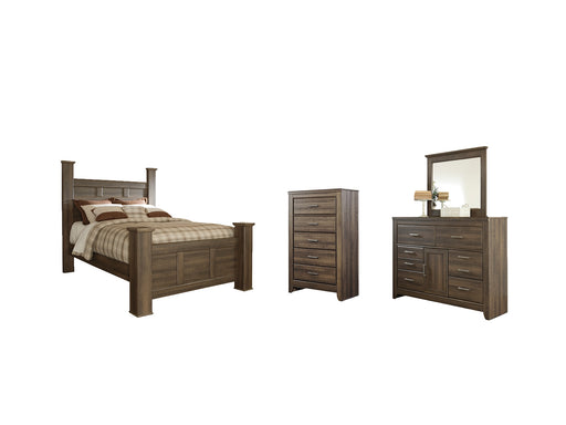 Juararo Queen Poster Bed with Mirrored Dresser and Chest Factory Furniture Mattress & More - Online or In-Store at our Phillipsburg Location Serving Dayton, Eaton, and Greenville. Shop Now.