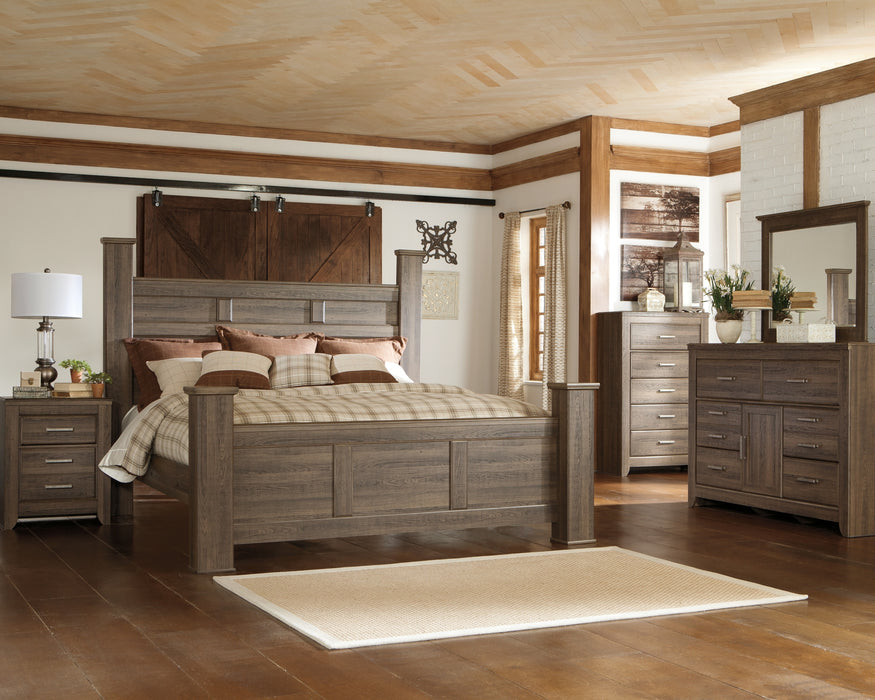 Juararo King Poster Bed with Mirrored Dresser and Chest Factory Furniture Mattress & More - Online or In-Store at our Phillipsburg Location Serving Dayton, Eaton, and Greenville. Shop Now.