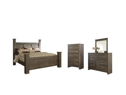 Juararo King Poster Bed with Mirrored Dresser and Chest Factory Furniture Mattress & More - Online or In-Store at our Phillipsburg Location Serving Dayton, Eaton, and Greenville. Shop Now.