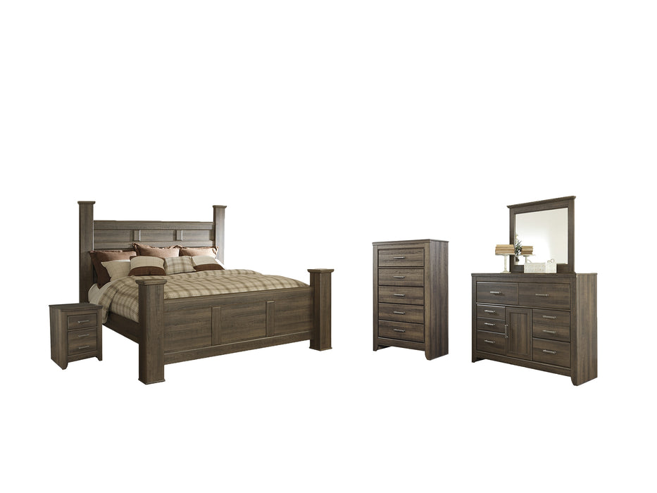 Juararo King Poster Bed with Mirrored Dresser, Chest and Nightstand Factory Furniture Mattress & More - Online or In-Store at our Phillipsburg Location Serving Dayton, Eaton, and Greenville. Shop Now.