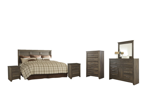 Juararo King/California King Panel Headboard with Mirrored Dresser, Chest and 2 Nightstands Factory Furniture Mattress & More - Online or In-Store at our Phillipsburg Location Serving Dayton, Eaton, and Greenville. Shop Now.