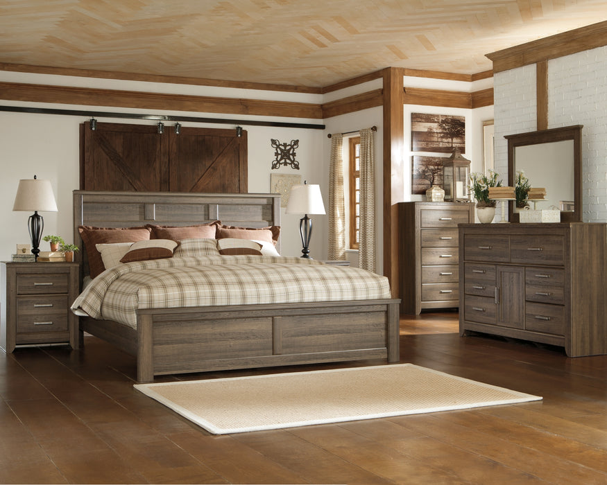 Juararo California King Panel Bed with Mirrored Dresser Factory Furniture Mattress & More - Online or In-Store at our Phillipsburg Location Serving Dayton, Eaton, and Greenville. Shop Now.