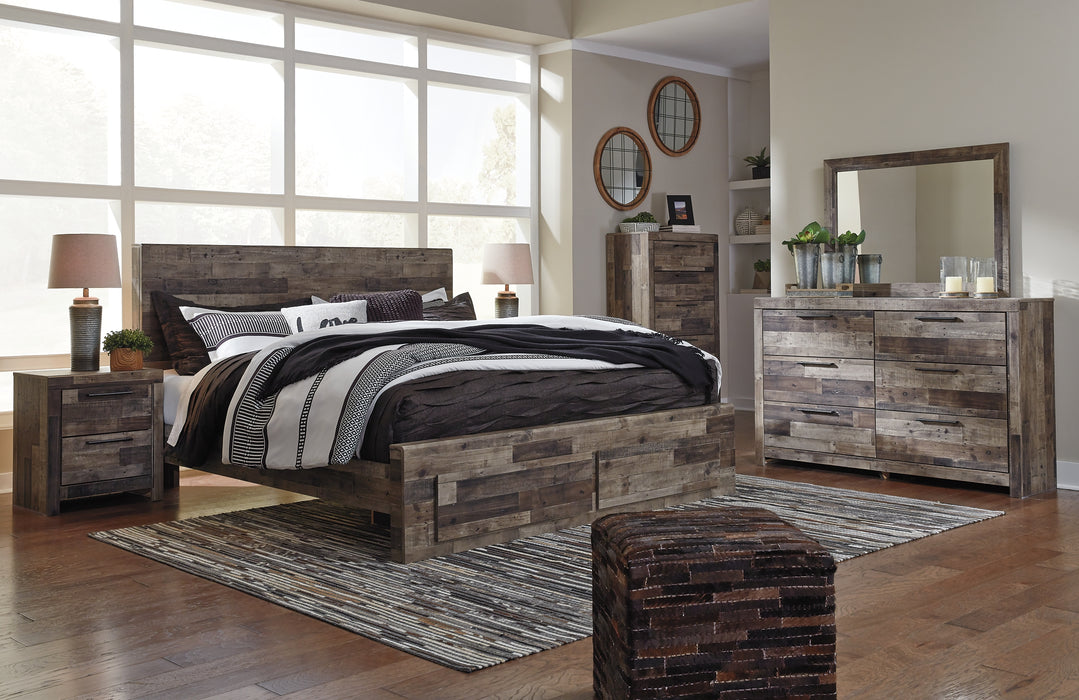 Derekson King Panel Bed with 2 Storage Drawers with Mirrored Dresser, Chest and 2 Nightstands Factory Furniture Mattress & More - Online or In-Store at our Phillipsburg Location Serving Dayton, Eaton, and Greenville. Shop Now.