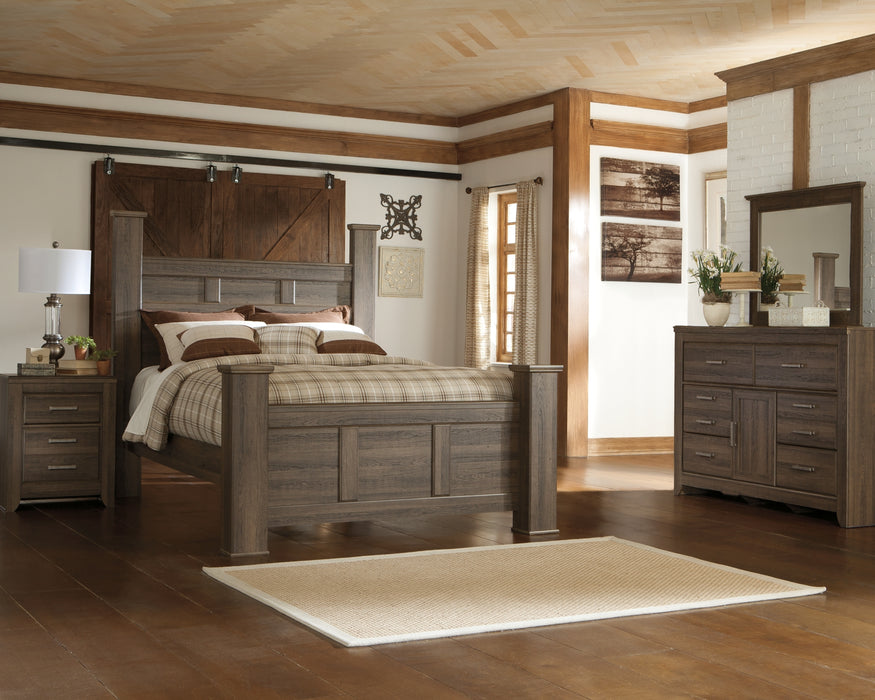 Juararo Queen Poster Bed with Mirrored Dresser Factory Furniture Mattress & More - Online or In-Store at our Phillipsburg Location Serving Dayton, Eaton, and Greenville. Shop Now.